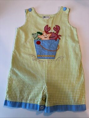 Light Green Gingham Romper with Blue Trim & Crab Appliqué